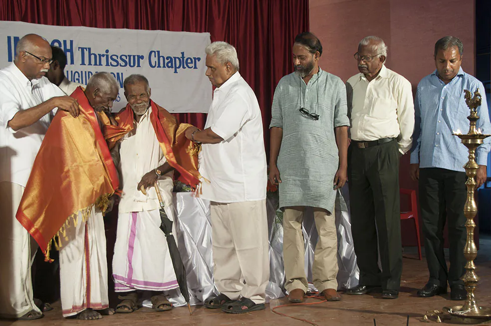 Traditional craftsmen honored for their contributions to preserve the dying out techniques of traditional building systems in Kerala, India (Prem Manasvi)
