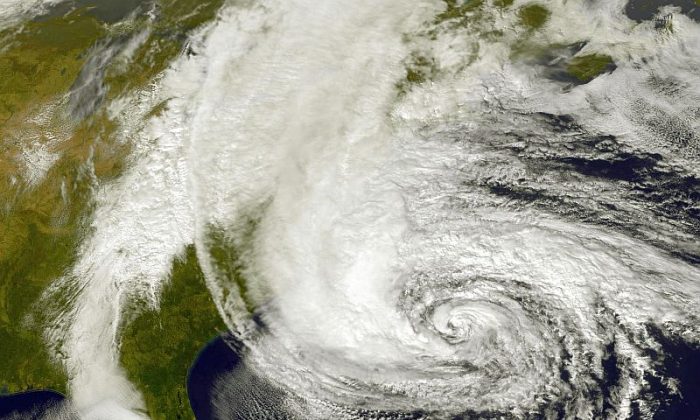 Hurricane Sandy is seen off the East Coast as it moves north on Oct. 28, 2012. Researchers say that similar hurricanes could hit Europe by the end of this century. (NASA via Getty Images) 