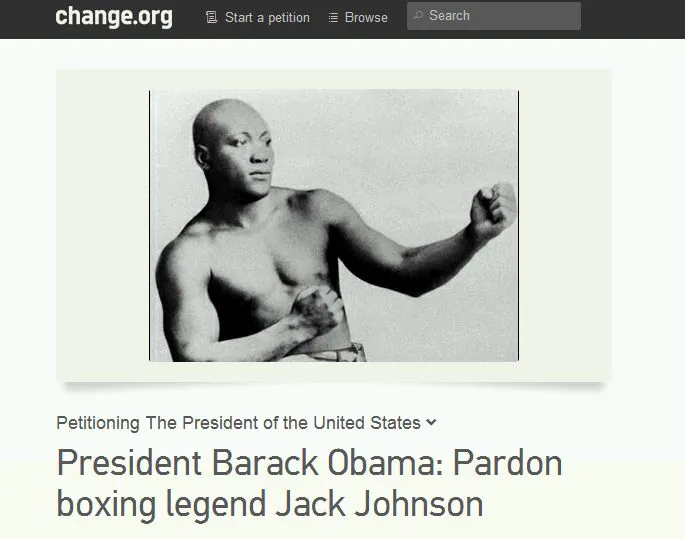 A screenshot of Change.org shows the Jack Johnson pardon petition. (Screenshot via The Epoch Times)