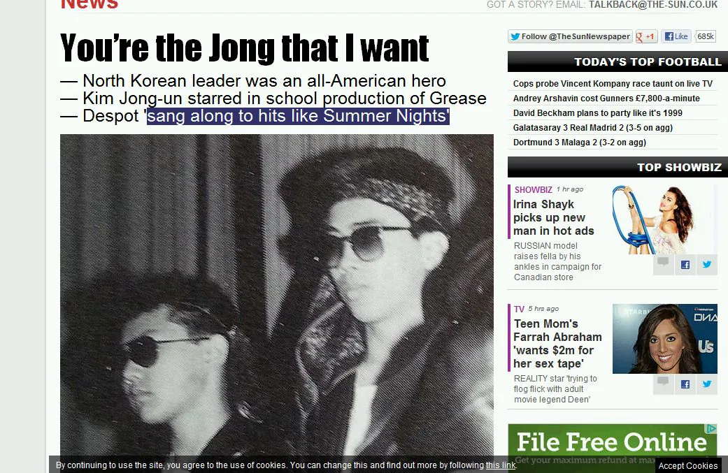 A screenshot of The Sun's photo claiming to show Kim Jong Un in "Grease." (Via The Epoch Times)