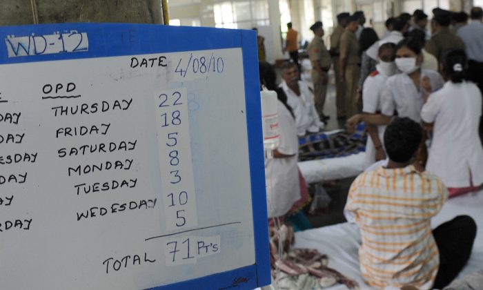 A board shows the number of patients admitted at the malaria ward at the King Edward Memorial hospital in Mumbai, on August 4, 2010. Civic body Brihanmumbai Municipal Corporation (BMC) released a short film to spread awareness citizens in India's commercial capital, which saw 41 fatalities from the mosquito-transmitted infection in 2010. (Indranil Mukherjee/AFP/Getty Images)

