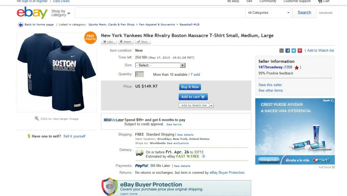 A screenshot shows the eBay page of the 'Boston Massacre' T-shirts in question.