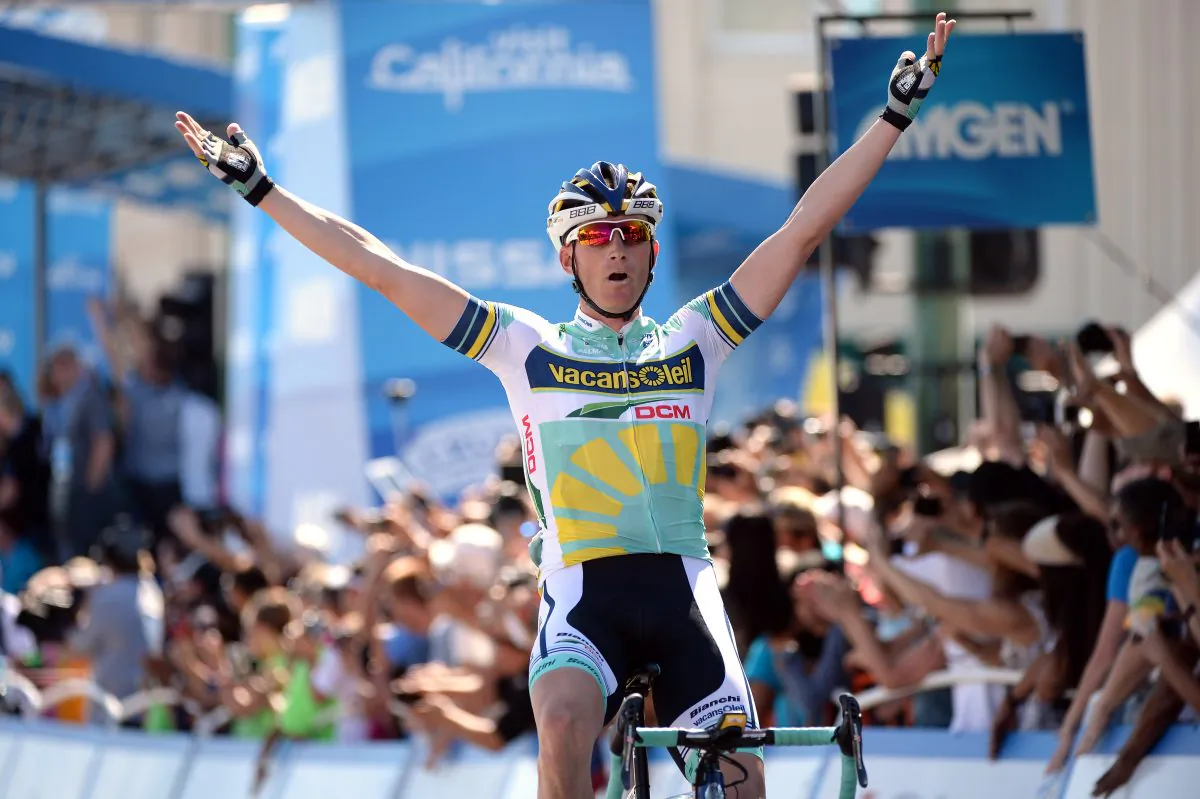 Lieuwe Westra of Vacansoleil-DCM celebrates as he wins Stage One of the 2013 Amgen Tour of California in downtown Escondido, on May 12, 2013. (Harry How/Getty Images)