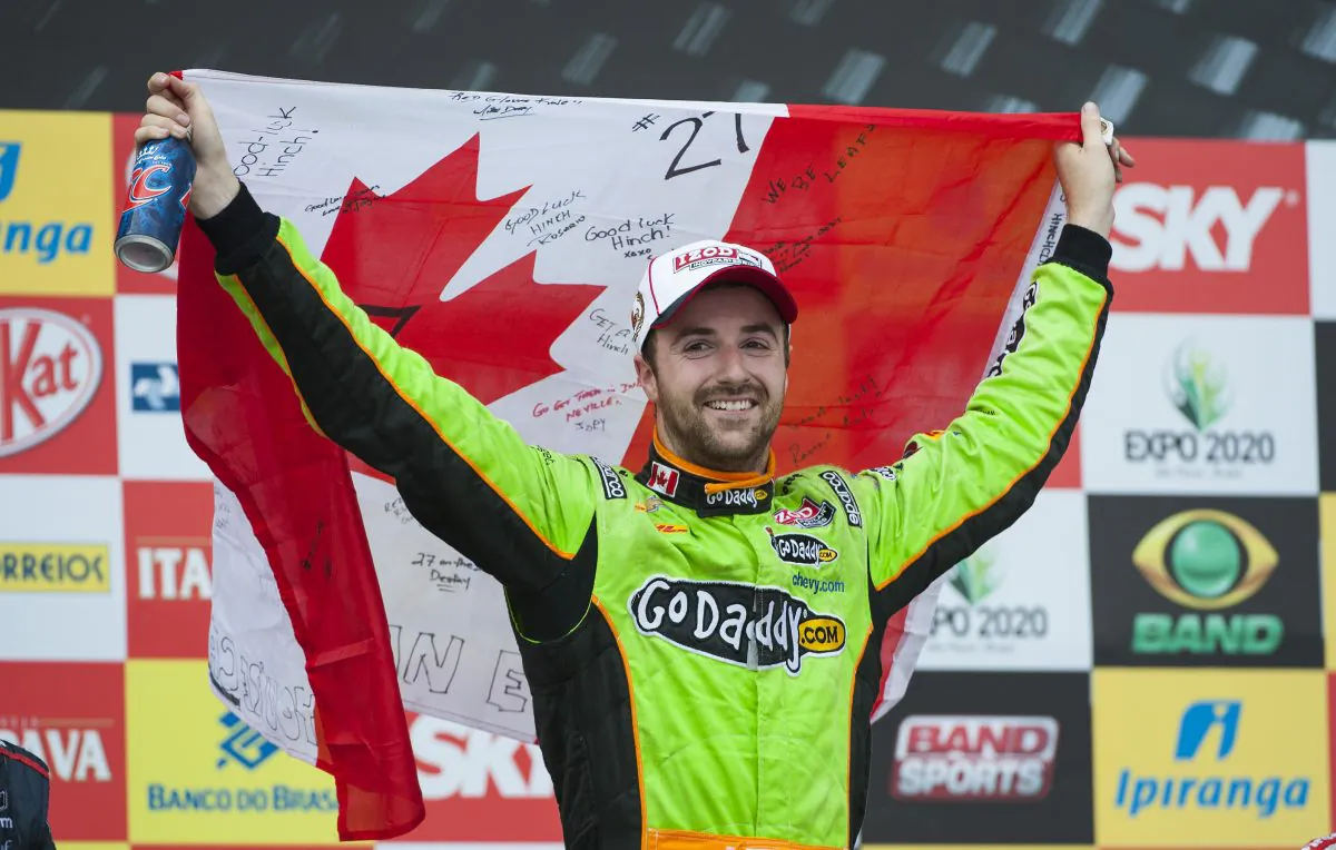 James Hinchcliffe, driver of the #27 Andretti Autosport Dallara Chevrolet celebrates after winning the IndyCar Sao Paulo Indy 300 on the streets of Sao Paulo in Sao Paulo, Brazil on May 5, 2013. (Robert Laberge/Getty Images)