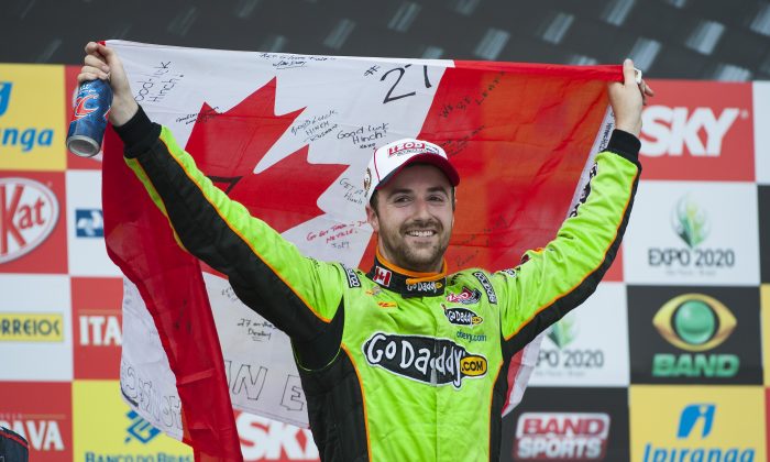 James Hinchcliffe, driver of the #27 Andretti Autosport Dallara Chevrolet celebrates after winning the IndyCar Sao Paulo Indy 300 on the streets of Sao Paulo in Sao Paulo, Brazil on May 5, 2013. (Robert Laberge/Getty Images)