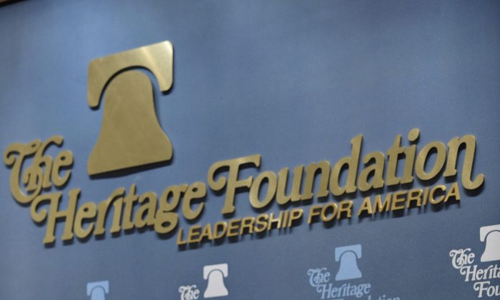 The Heritage Foundation logo is pictured at a discussion in Washington D.C., in this file photo. (Mandel Ngan/AFP/Getty Images)