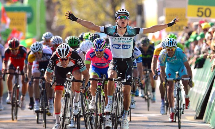 Gianni Meersman crosses the finish line of Stage One of the Tour de Romandie, April 24. (omegapharma-quickstep.com)