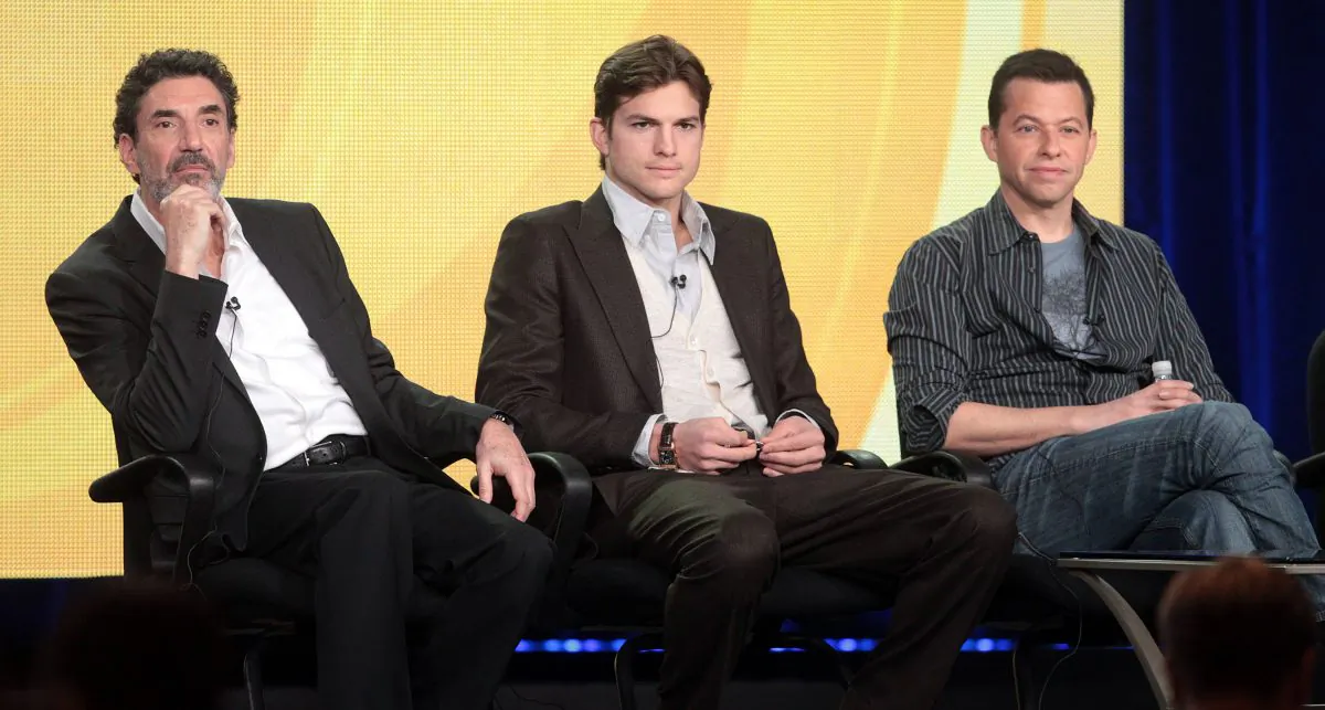 Executive producer Chuck Lorre and actors Ashton Kutcher and Jon Cryer of the television show 'Two And A Half Men' speak during the CBS portion of the 2012 Television Critics Association Press Tour at The Langham Huntington Hotel and Spa on January 11, 2012 in Pasadena, California. (Frederick M. Brown/Getty Images)