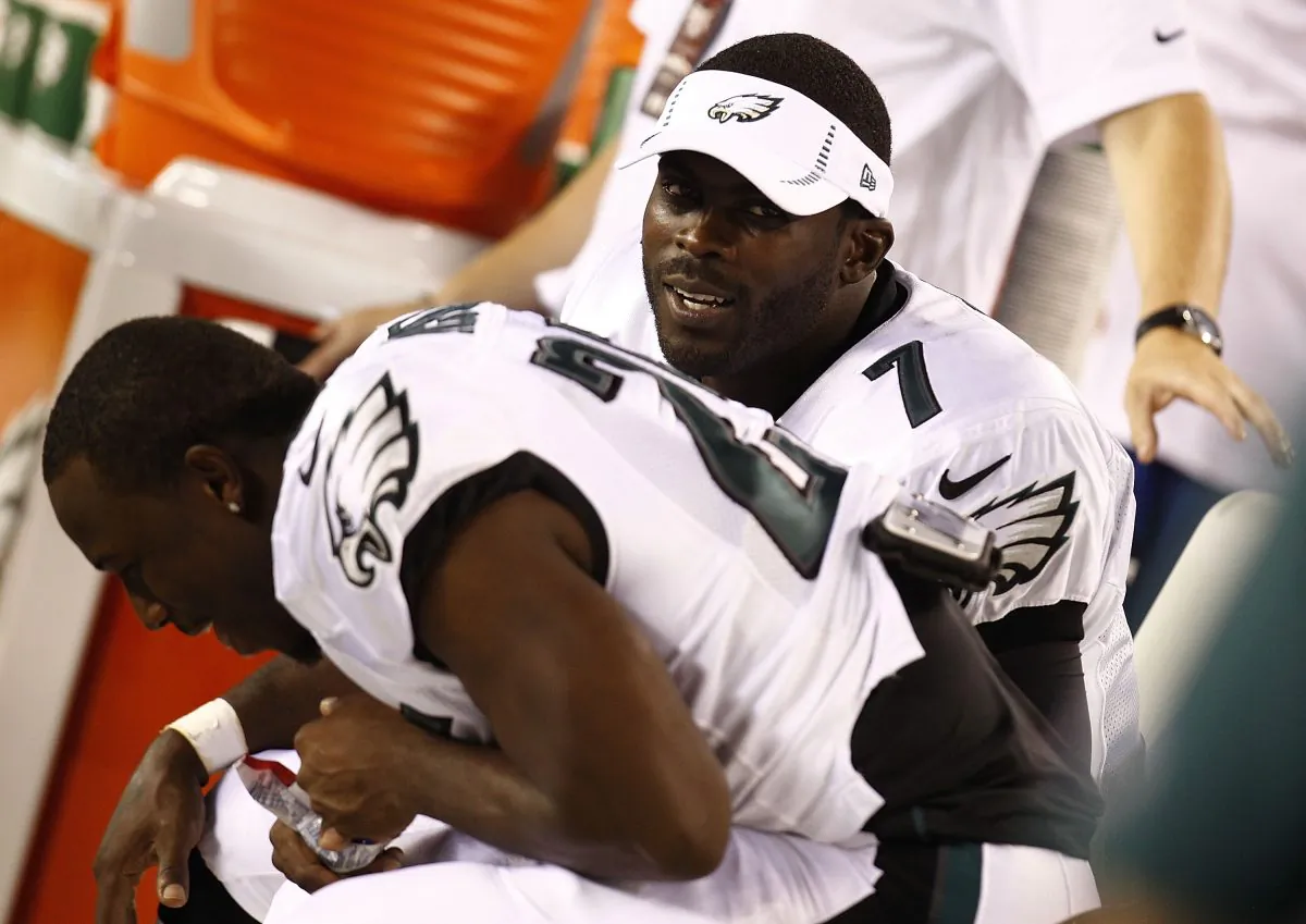 Michael Vick #7 of the Philadelphia Eagles and LeSean McCoy #25 of the Philadelphia Eagles sit on the bench during a preseason game against the Pittsburgh Steelers at Lincoln Financial Field on August 9, 2012. (Jeff Zelevansky/Getty Images)