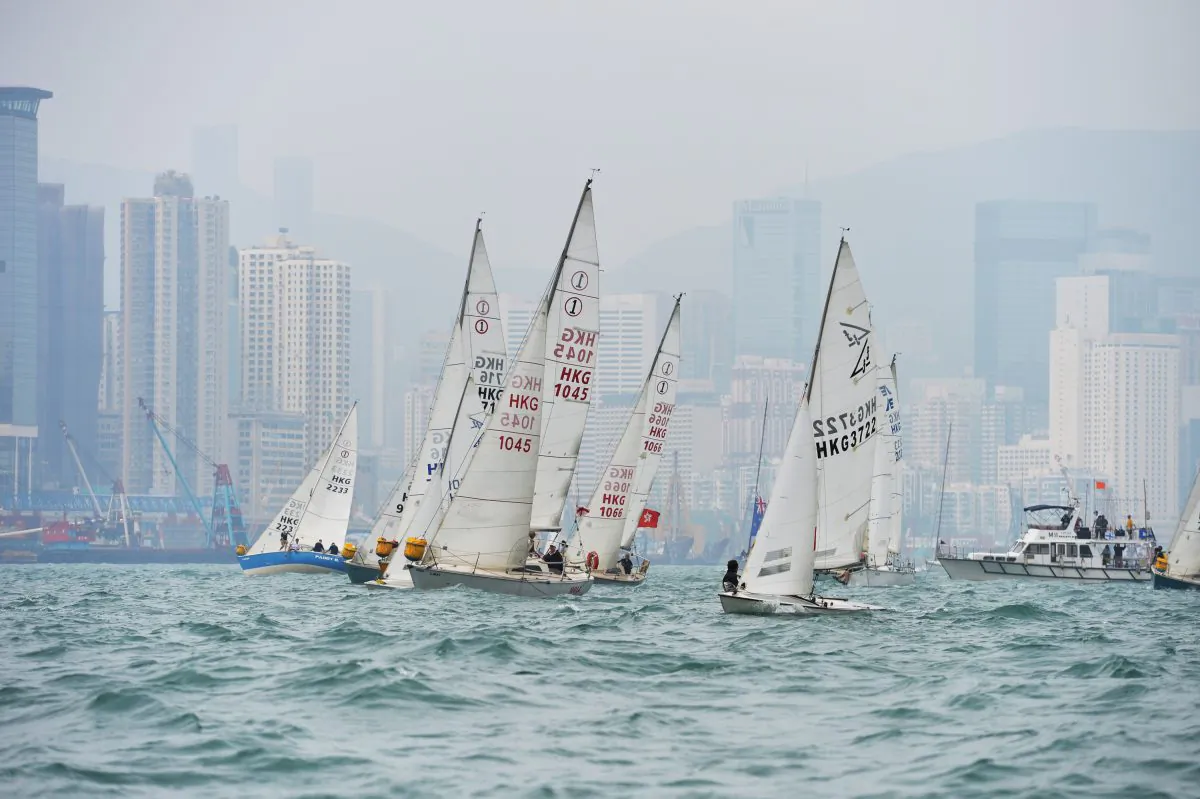 ‘Phact or Phiction’… Simon Pickering’s Flying Fifteen Sail No. HKG3722 was not the fastest across the start line, but finished winning the RHKYC Nations’ Cup race on calculated time on Saturday April 27. (Bill Cox/Epoch Times Staff)
