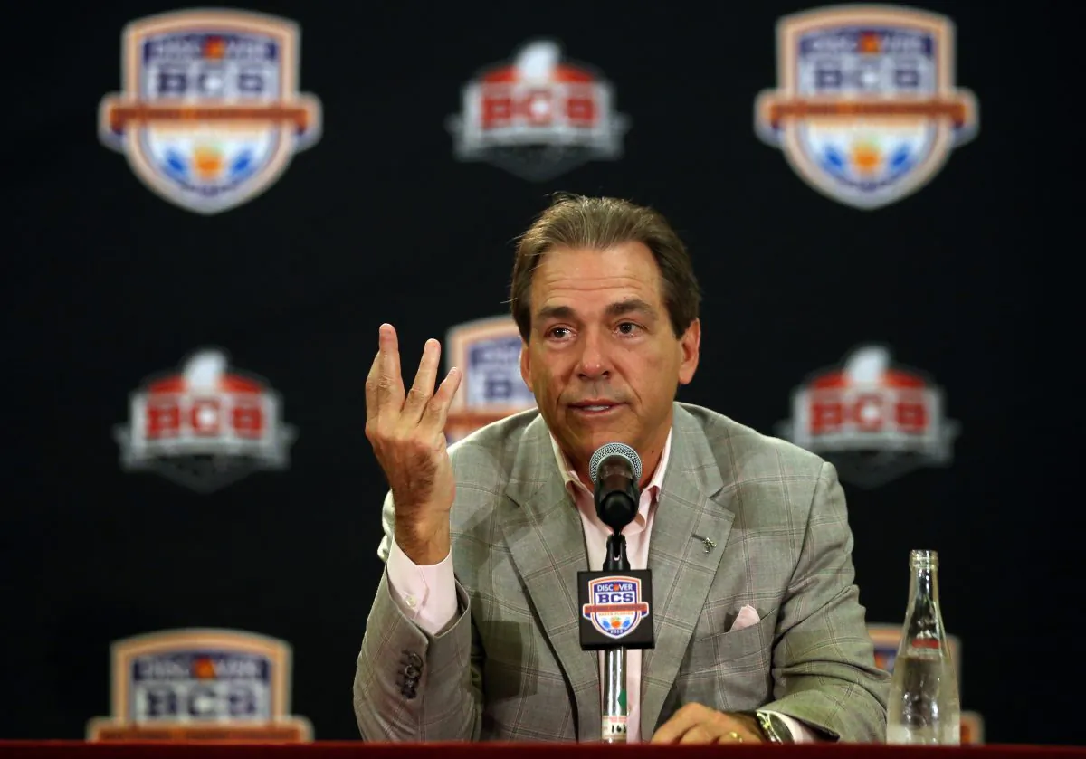Head coach Nick Saban of the Alabama Crimson Tide during the Discover BCS National Championship Press Conference at the Harbor Beach Marriott on January 8, 2013 in Fort Lauderdale, Florida. (Streeter Lecka/Getty Images)