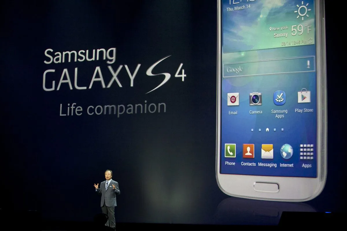 JK Shin, President and Head of IT and mobile communication division of Samsung introduces the Samsung Galaxy S-4, March 14 in New York City. The Galaxy S-4 has an radiation exposure level of 0.45 watts per kilogram, less than one half that of the Apple IPhone 5. (Allison Joyce/Getty Images)