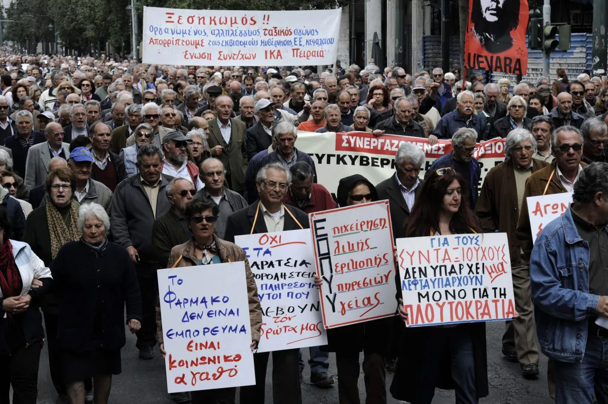 Pensioners march in central Athens during an anti-austerity demonstration on April 19, 2013. Six years of recession in Greece are having an impact on people's health, increasing the risk of psychiatric and somatic disorders. (Giorgos Nikolaidis/AFP/Getty Images)