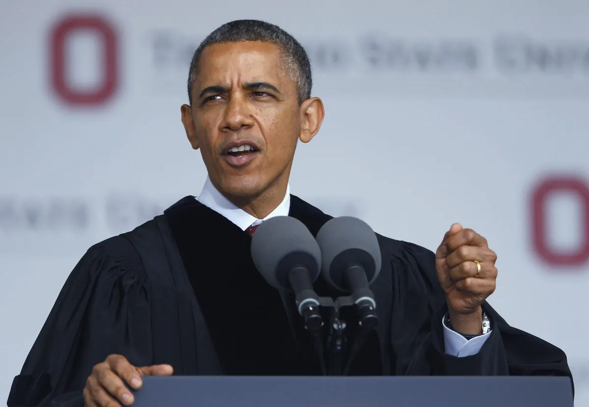 President Barack Obama gives the commencement address to the graduating class of The Ohio State University at Ohio Stadium on May 5, 2013 in Columbus, Ohio. (Matt Sullivan/Getty Images)