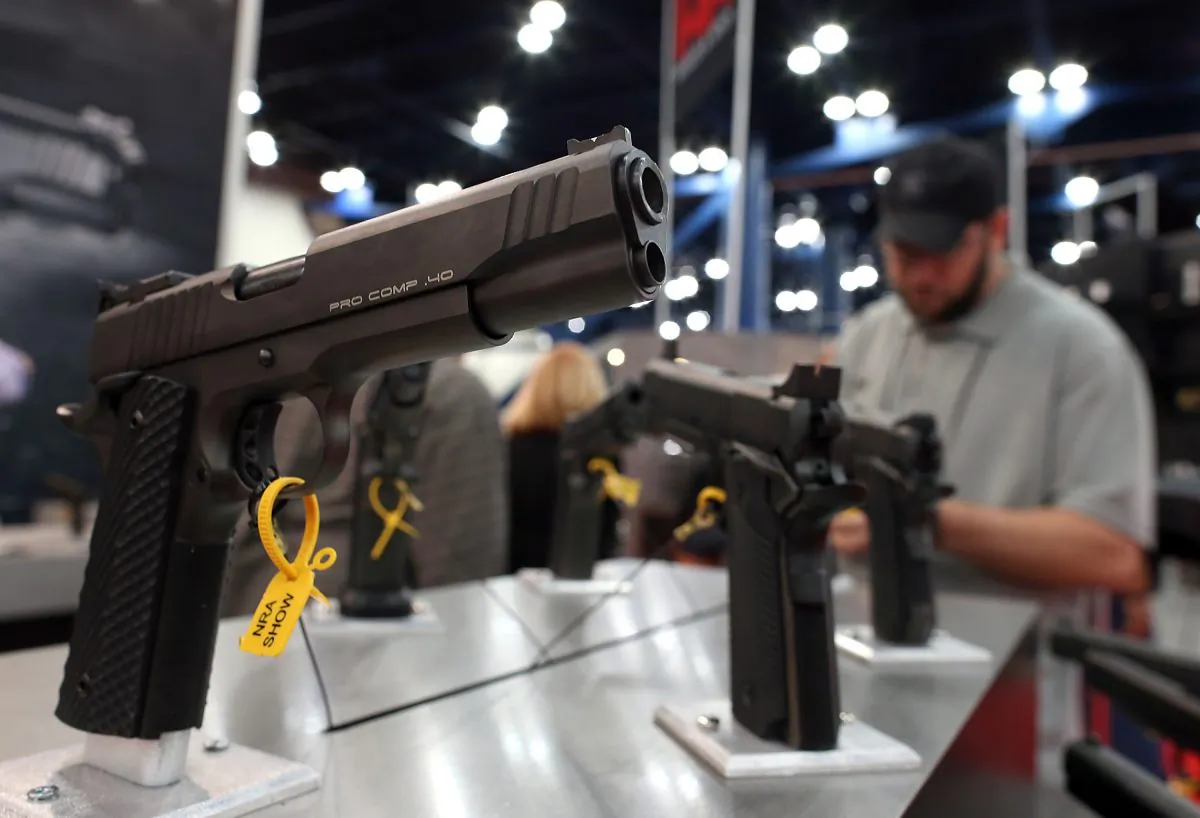 Handguns are displayed in the Para booth during the 2013 NRA Annual Meeting and Exhibits at the George R. Brown Convention Center in Houston, Texas on May 5, 2013. (Justin Sullivan/Getty Images)