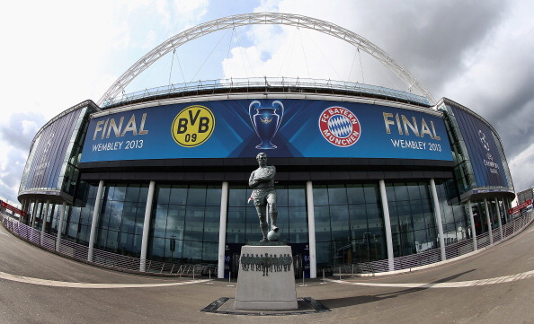 The team emblems of Borussia Dortmund 09 and FC Bayern München are displayed at Wembley Stadium ahead of UEFA Champions League Final at Wembley Stadium on May 23, 2013 in London, England.  (Matthew Lewis/Getty Images)