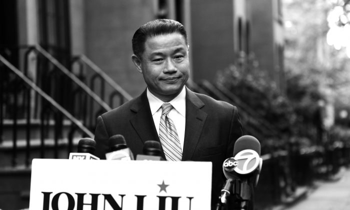 New York City Comptroller John Liu speaking at a press conference in Brooklyn May 2 after two of his aides were found guilty of attempted wire fraud in conjunction with his comptroller campaign from 2009–2011. Liu is also a NYC mayoral candidate. 
(Samira Bouaou/Epoch Times)