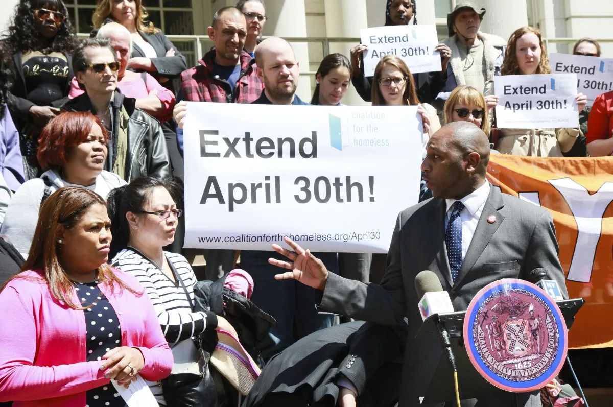 Councilman Donovan Richards speaks to supporters at City Hall on April 30 rallying for a fairer and more equitable rebuilding after Hurricane Sandy. (Samira Bouaou/Epoch Times)