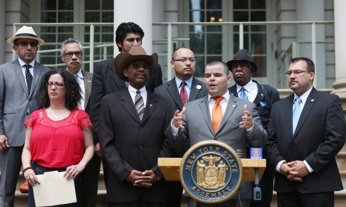 State Assemblyman Marcos A. Crespo speaks to the press on the steps of City Hall in Lower Manhattan on May 31. (Ivan Pentchoukov/The Epoch Times)