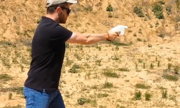 A demonstration of the first working gun, called the Liberator, produced through 3-D printing technology by Defense Distributed, a "Wiki weapon project." (Screenshot via The Epoch Times)