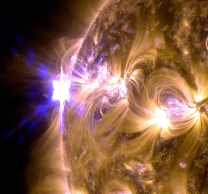 The sun erupted with an X1.7-class solar flare on May 12, 2013. This is a blend of two images of the flare from NASA's Solar Dynamics Observatory: One image shows light in the 171-angstrom wavelength, the other in 131 angstroms. (NASA/SDO/AIA)