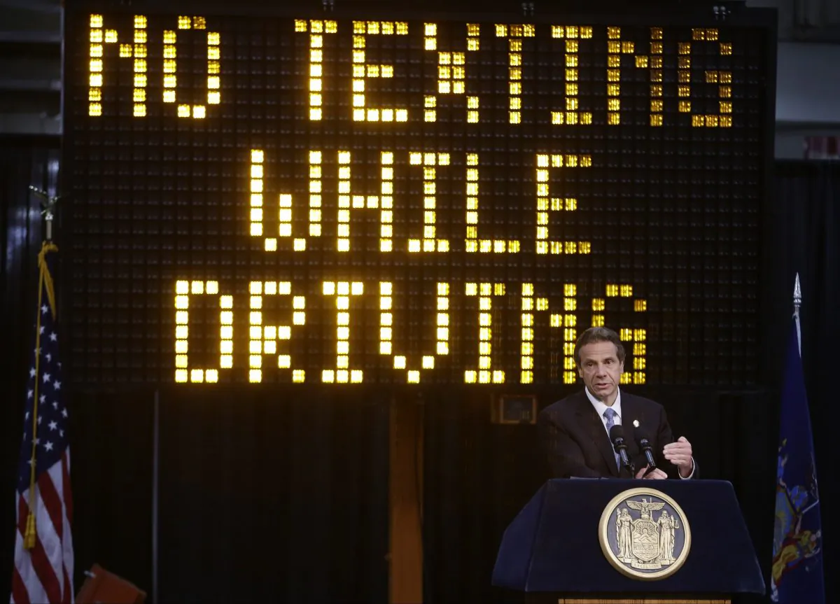 New York Gov. Andrew Cuomo speaks during a news conference to announce the increase in penalties for texting while driving Friday, May 31, 2013, in New York. Cuomo has directed New York state's Department of Motor Vehicles to implement tougher penalties for texting while driving starting tomorrow. (AP Photo/Frank Franklin II)