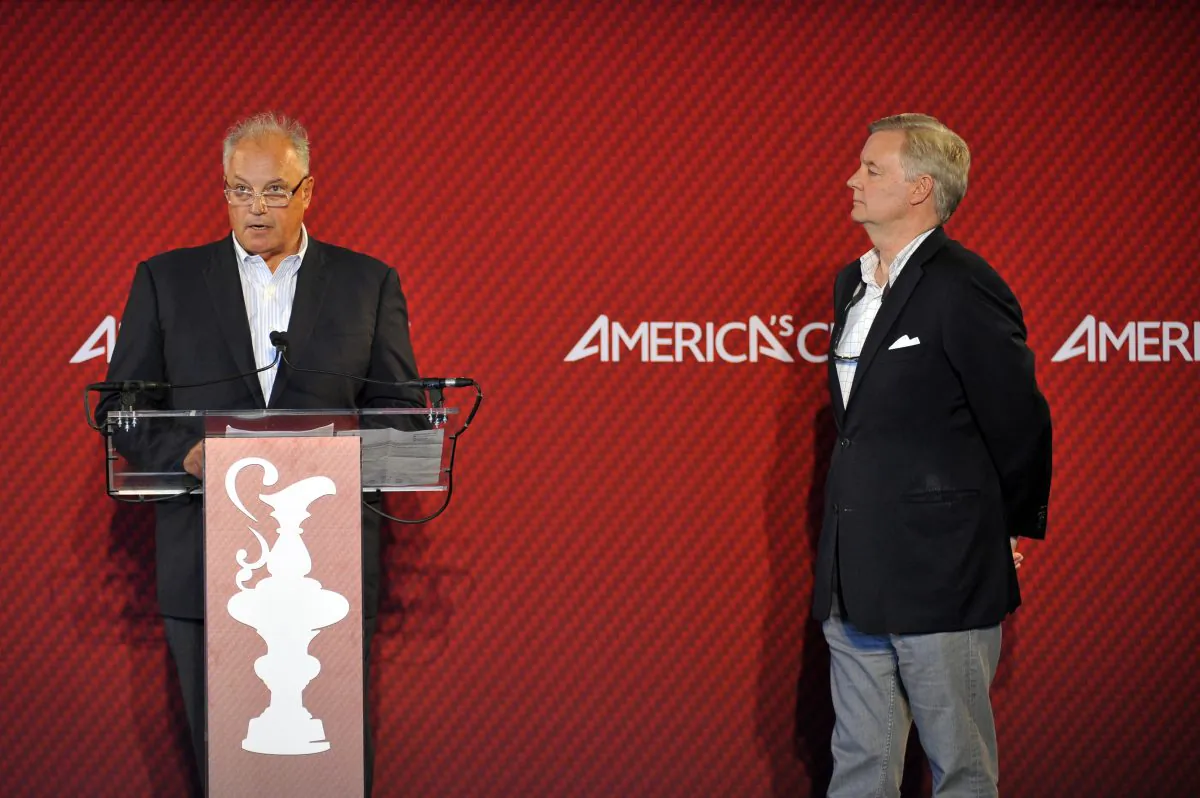 Regatta Director and America’s Cup Race Management CEO Iain Murray (L) and Tom Ehman (R), vice commodore of the Golden Gate Yacht Club, at a news conference in San Francisco, Calif., on May 14. (Josh Edelson/AFP/Getty Images)
