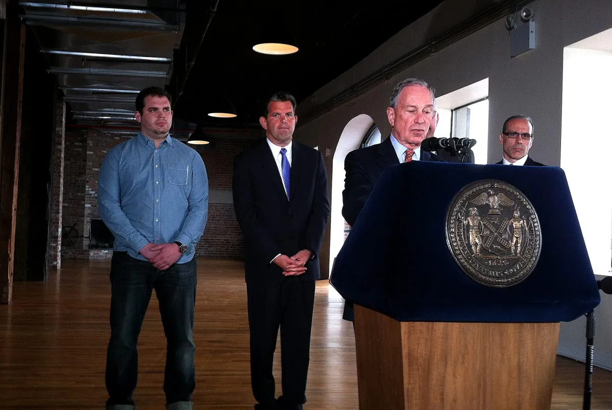 Mayor Michael Bloomberg announces a $90.3 million reduction in property taxes on May 28 at Liberty Warehouse in Red Hook, Brooklyn.  (Kristen Meriweather/The Epoch Times)