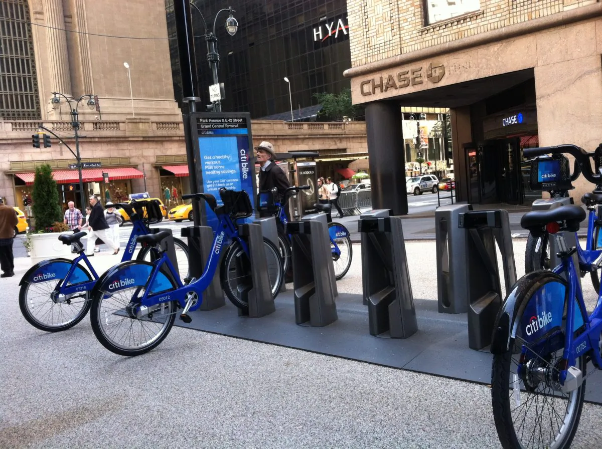 A Citi Bike rack in front of Grand Central Terminal on Monday morning when the program officially launched in New York on May 27, 2013. (Genevieve Belmaker/The Epoch Times)