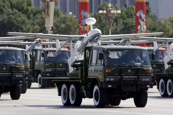 In this Oct. 1, 2009, photo a truck loaded with the Chinese made drone, the ASN-207, takes part in a military parade. (AP Photo/Vincent Thian)