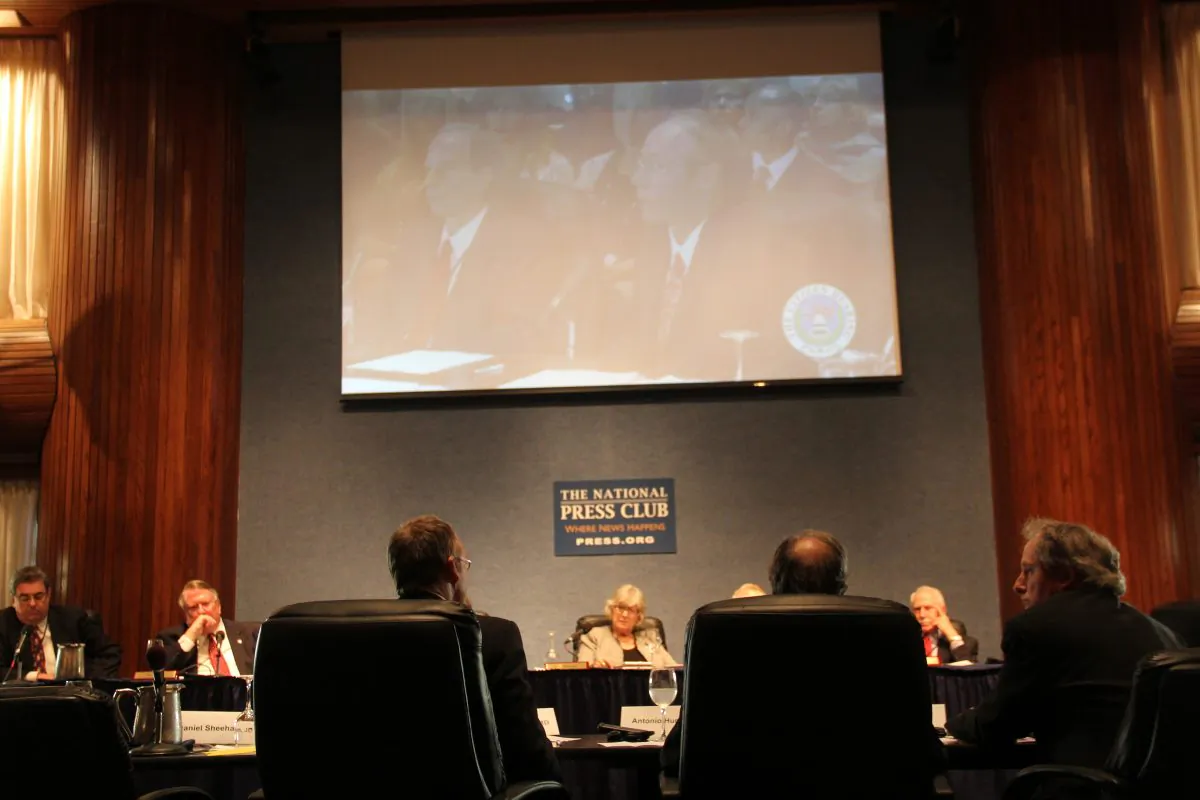 Former Congress members hear witnesses testify at a mock congressional hearing on official secrecy surrounding extraterrestrial encounters, the National Press Club, Washington D.C. April 29, 2013. (Shar Adams)