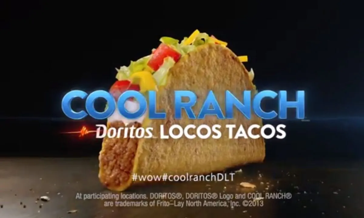 A YouTube screenshot shows an advertisement for Doritos Locos Tacos.