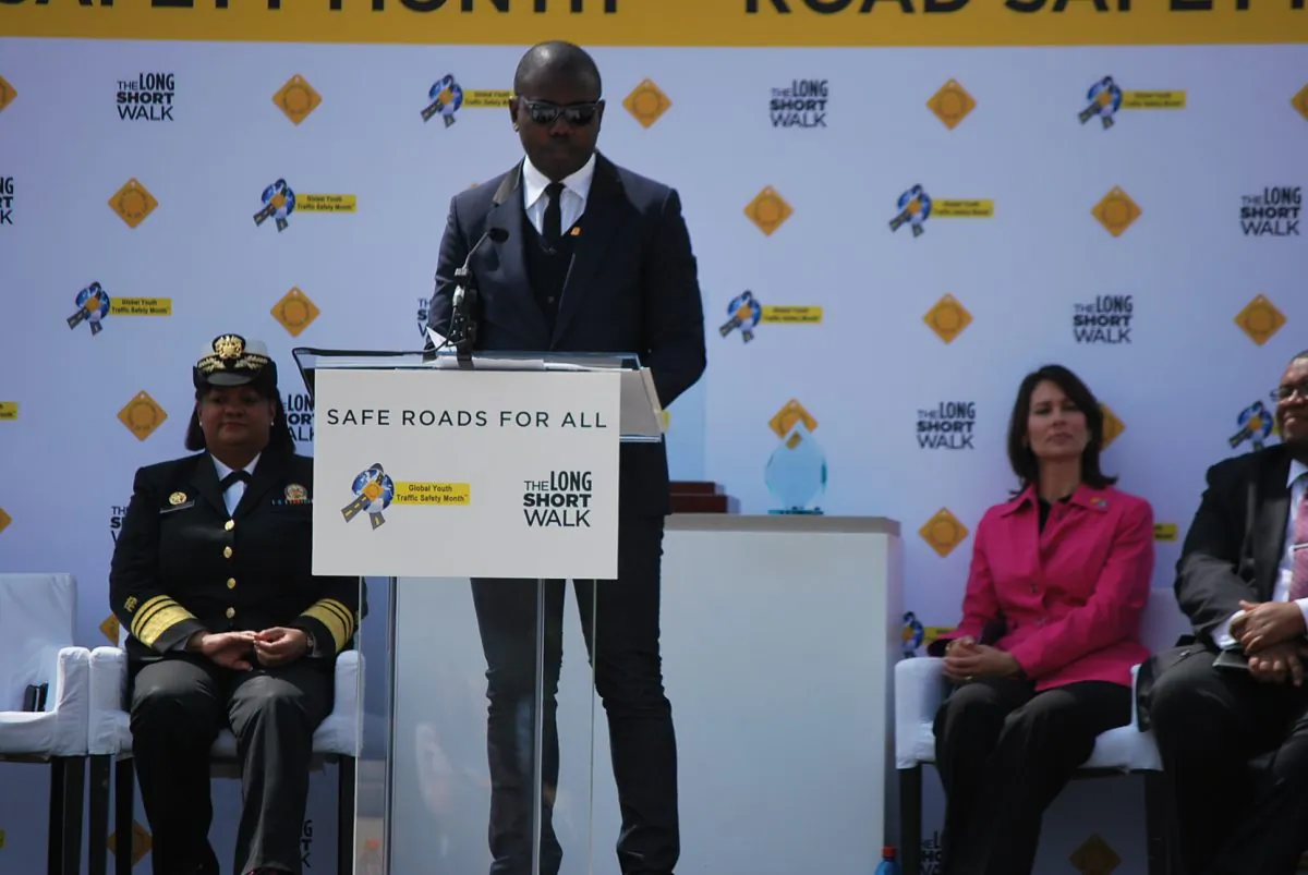 Kweku Mandela speaks of youth killed in car crashes in the developing world at the kick off rally for the Global Traffic Safety Month in Washington, D.C. on May 8, 2013. (Ron Dory/Epoch Times)