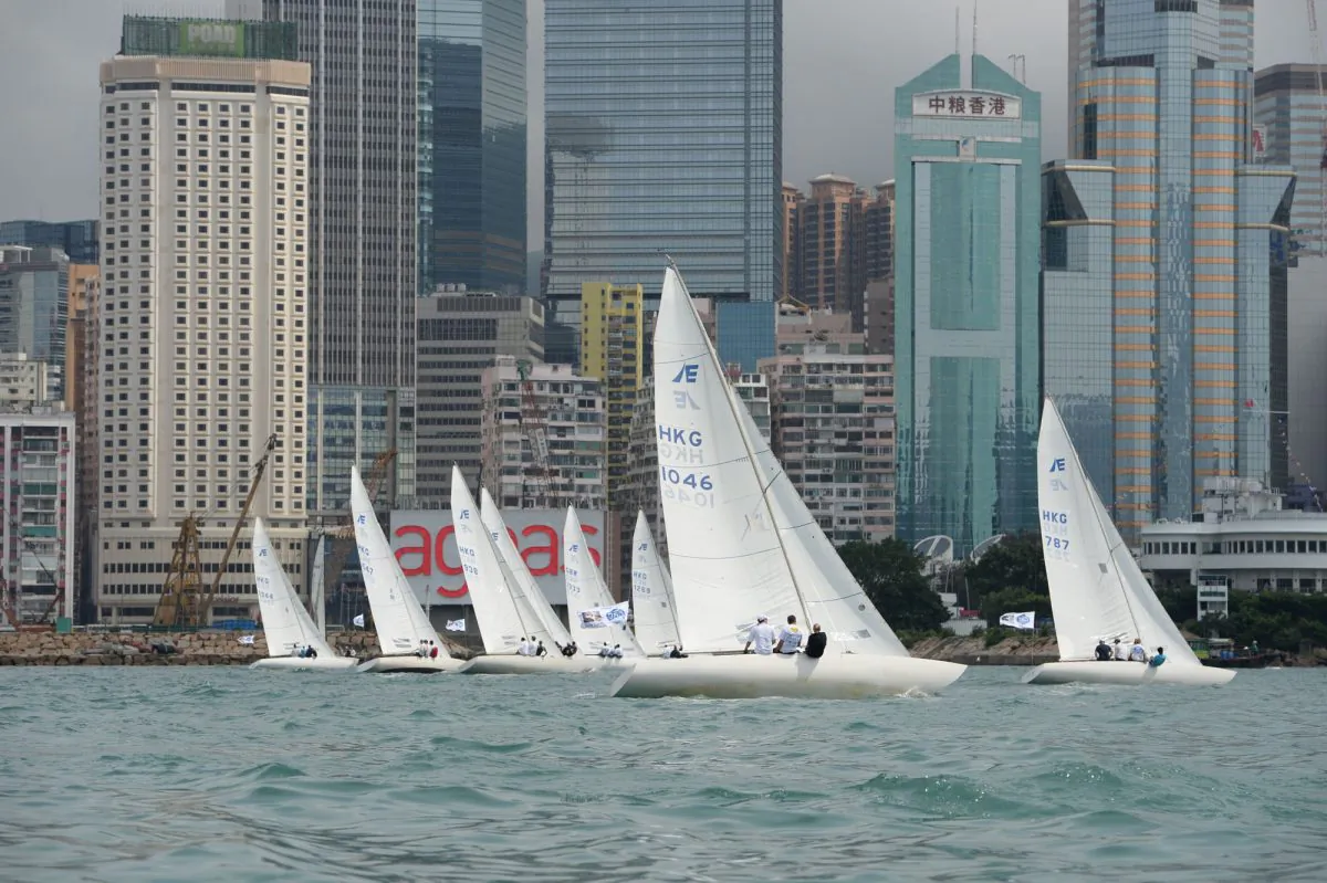 Etchells setting off on Race-1 of the RHKYC Spring Regatta on Saturday May 18 in Victoria Harbour, Hong Kong. (Bill Cox/The Epoch Times)