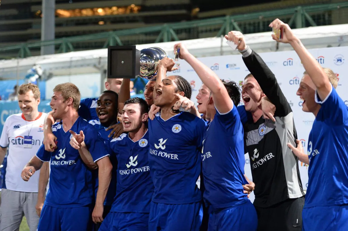Leicester City celebrates winning the HKFC Citibank International Soccer Sevens Cup Final against Newcastle 2-0 on May 26. (Bill Cox/The Epoch Times)
