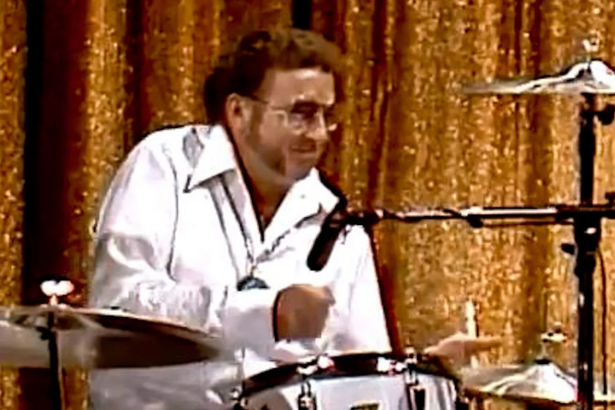 Ed Shaughnessy plays drums with Buddy Rich (not shown) on “The Tonight Show,” hosted by Johnny Carson in 1978. (Screenshot/YouTube)