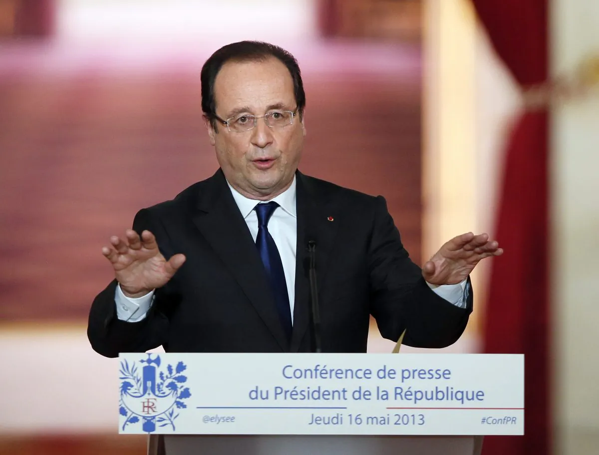French President Francois Hollande gives a press conference at the Elysee Palace in Paris on May 16, 2013, a day after his first anniversary in office was marred by news that France had fallen back into recession amid plummeting economic indicators. (Patrick Kovarik/AFP/Getty Images)
