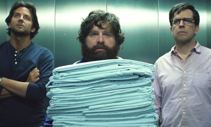 (L–R) Phil (played by Bradley Cooper), Alan (Zach Galifianakis), and Stu (Ed Helms) in the comedy “The Hangover Part III.” (Courtesy of Warner Bros. Pictures)