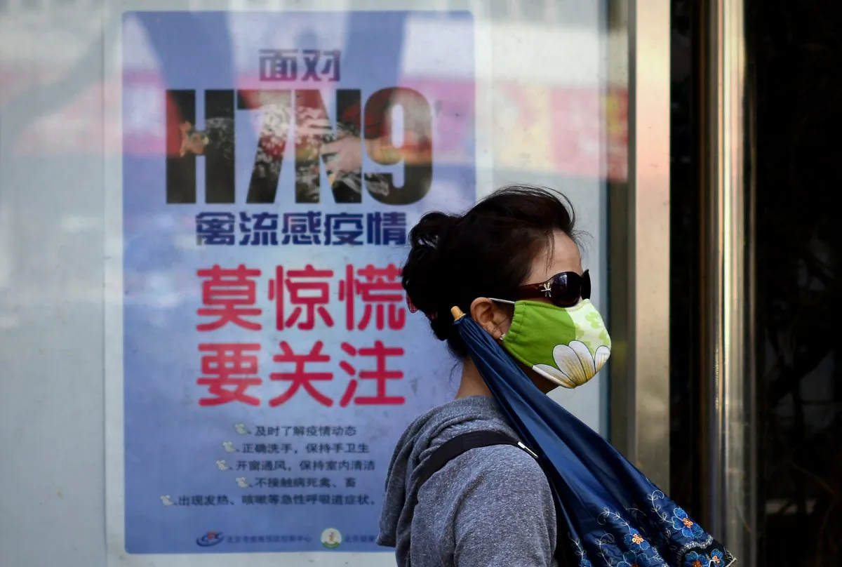 A woman wearing a face mask walks past a poster on how to avoid the H7N9 avian influenza virus in Beijing on April 24, 2013. Authorities announced a new case in the capital on May 28, the same day a new study was published about resistance to antiviral treatment in some cases. (Wang Zhao/AFP/Getty Images)