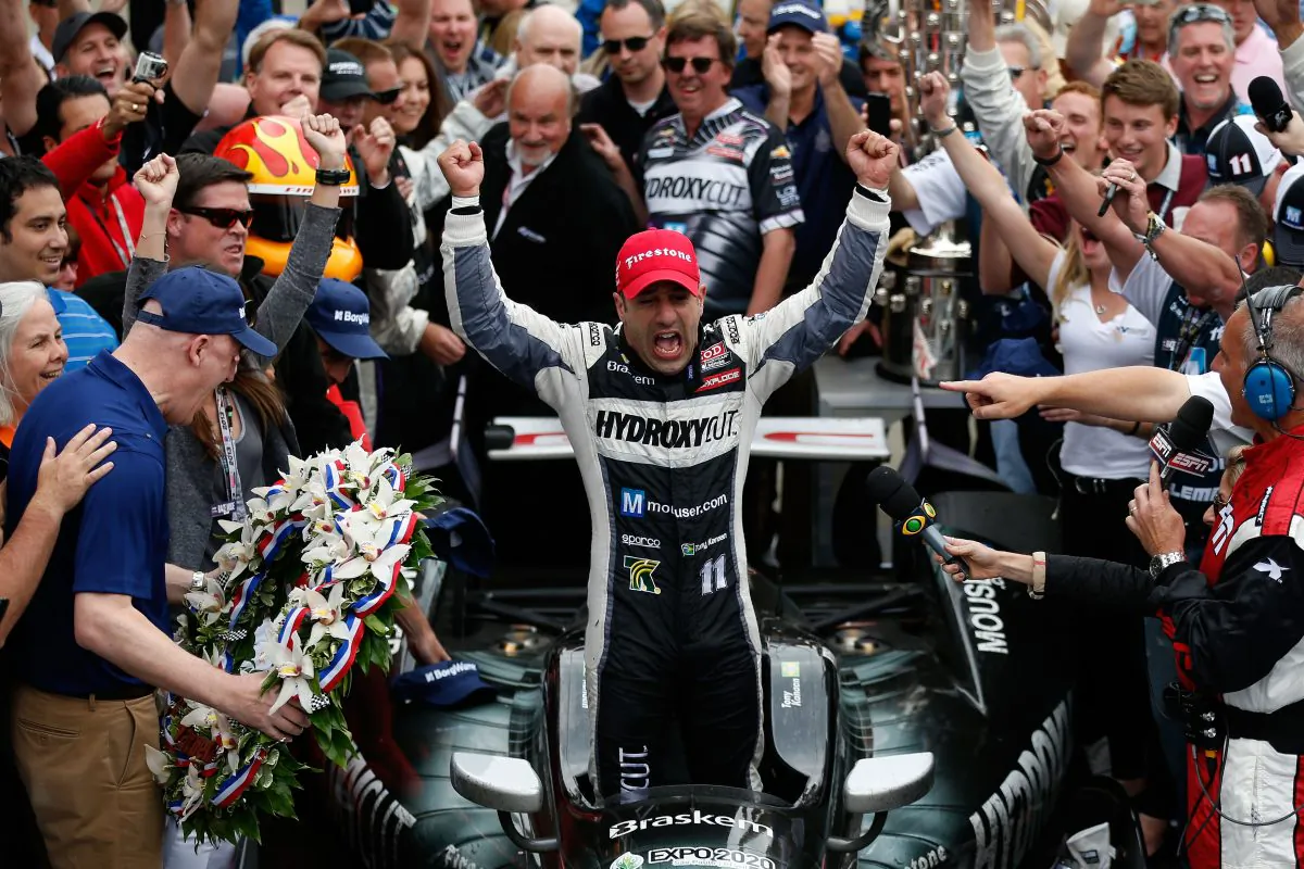 Tony Kanaan, driver of the Hydroxycut KV Racing Technology-SH Racing Chevrolet, celebrates in victory circle after winning the 97th running of the IZOD INDYCAR Series Indianapolis 500-mile race at the Indianapolis Motor Speedway on May 26, 2013, in Indianapolis, Ind. (Chris Graythen/Getty Images)