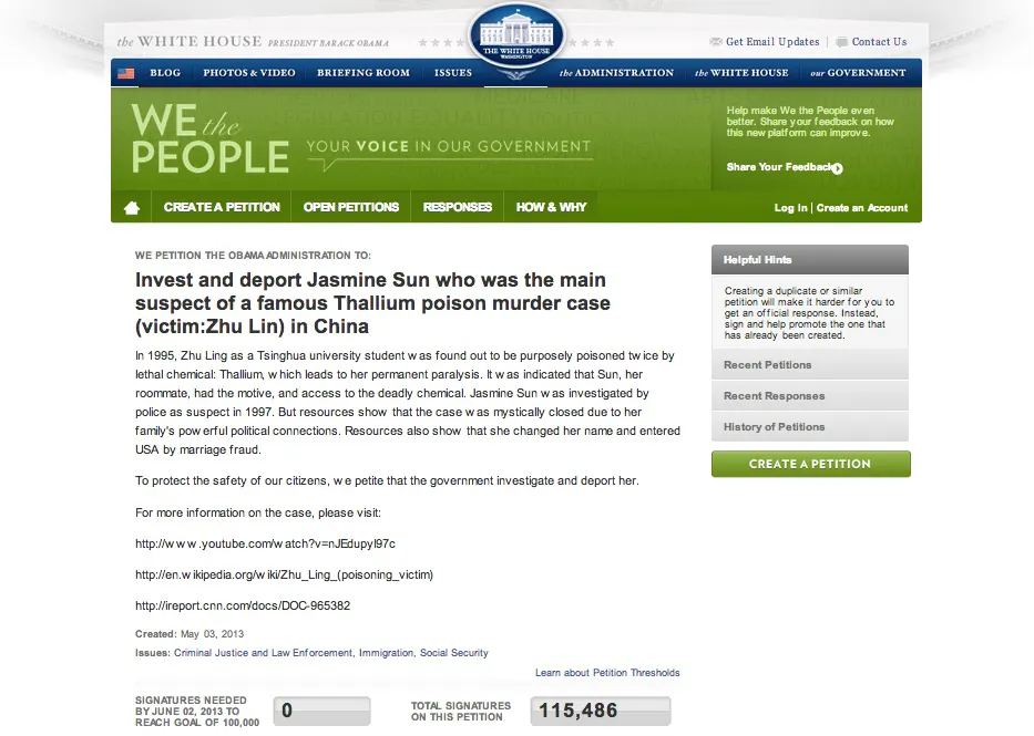 Screenshot showing the online petition calling the U.S. government to investigate and deport poisoning suspect Sun Wei, also known as Jasmine Sun. The Chinese public wants the case re-opened as they believe it was covered up by high-level officials in the Communist Party. (The Epoch Times)