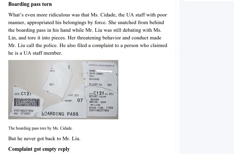 A screenshot from People's Daily Online showing a photograph of what was claimed to be the ripped ticket of Mr. Liu, a Chinese man who encountered rough treatment by United Airlines staff. People's Daily, the Chinese Communist Party's direct mouthpiece, has a series on "dishonest Americans," which a scholar of propaganda says is an attempt to make American democratic values appear less desirable. (Screenshot via The Epoch Times)