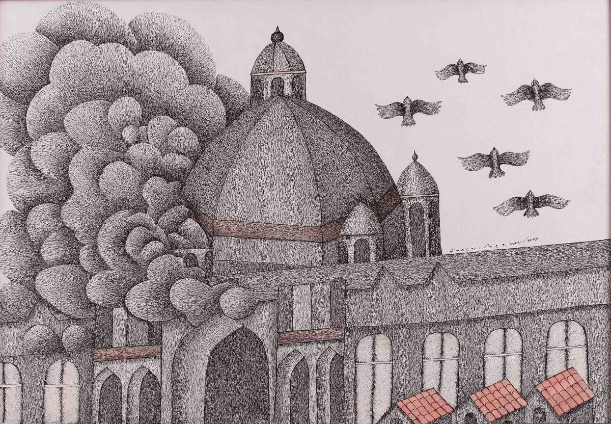 “Smoking Taj” by Indian artist Venkat Raman Singh Shyam, 2009. Pen and acrylic on canvas. Must Art Gallery, New Delhi.