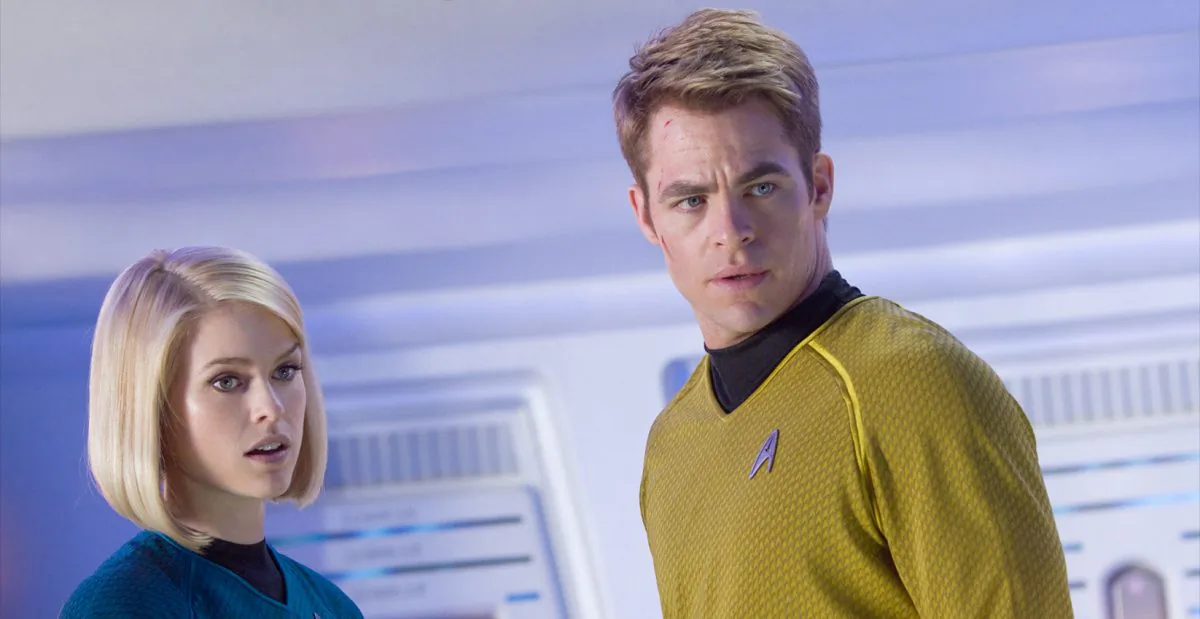 Dr. Carol Marcus (played by Alice Eve) and Captain James T. Kirk (Chris Pine) in the science-fiction action-adventure film “Star Trek Into Darkness,” a film about the crew of the Enterprise on a mission to capture a weapon of mass destruction. (Courtesy of Paramount Pictures)