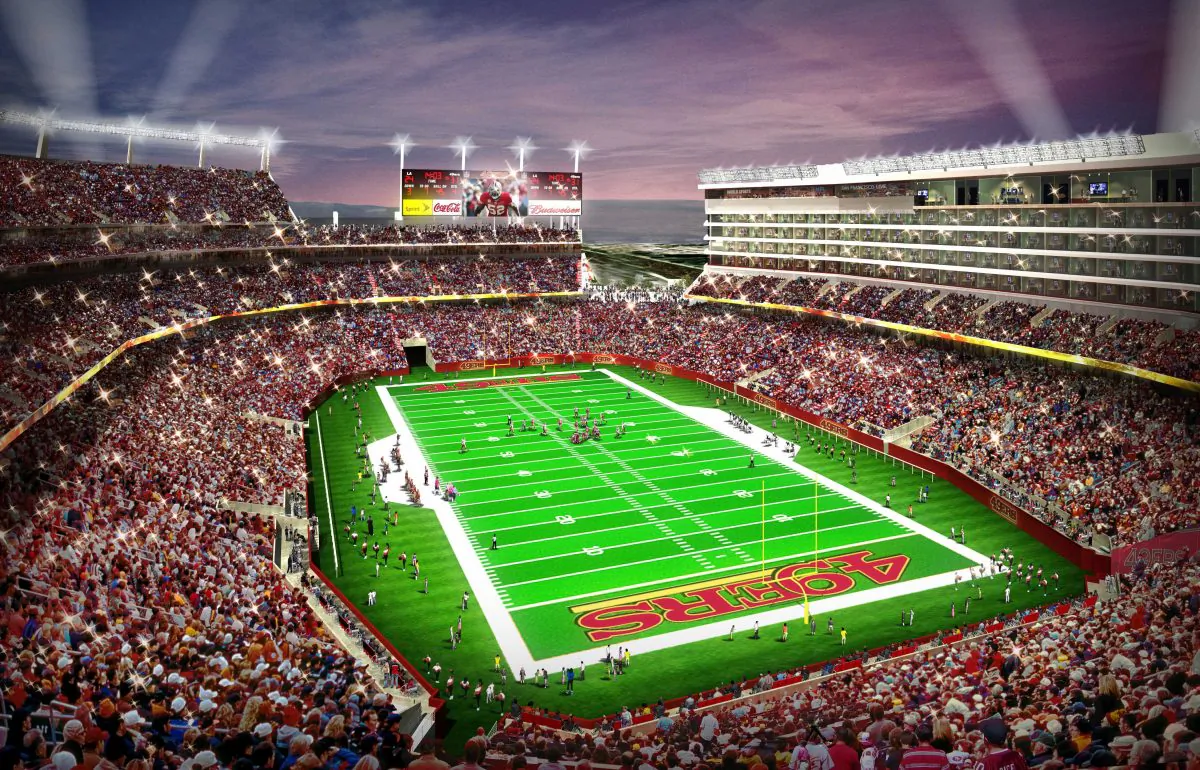 An artist’s drawing of the new 49ers stadium. The $1.2-billion Levi’s Stadium is scheduled to open next year in Santa Clara, Calif. (AP Photo/San Francisco 49ers)