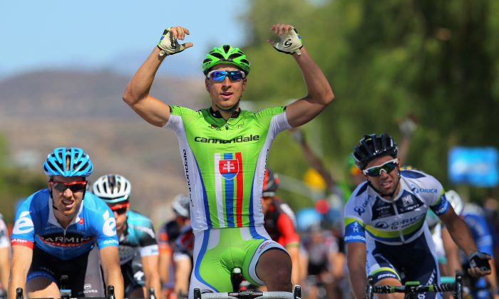 Stage winner Peter Sagan of Cannondale celebrates as he finishes ahead of Michael Matthews of Orica Green Edge in second place and Tyler Farrar of  Garmin-Sharp to win Stage Three of the 2013 Amgen Tour of California from Palmdale to Santa Clarita on May 14. (Doug Pensinger/Getty Images)