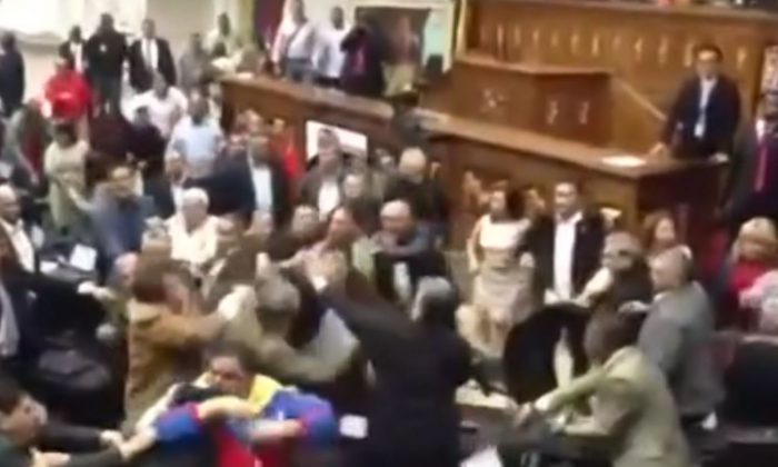 A brawl brakes out in Venezuela Parliament on April 30, 2013. (Screenshot via The Epoch Times)