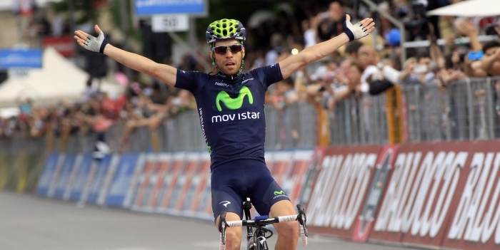 Movistar rider Giovanni Visconti celebrates winning his second 2103 Giro d’Italia stage. The Italian rider’s 20-km solo attack got him to the finish line of Stage 17 19 seconds ahead of the peloton. (movistarteam.com)