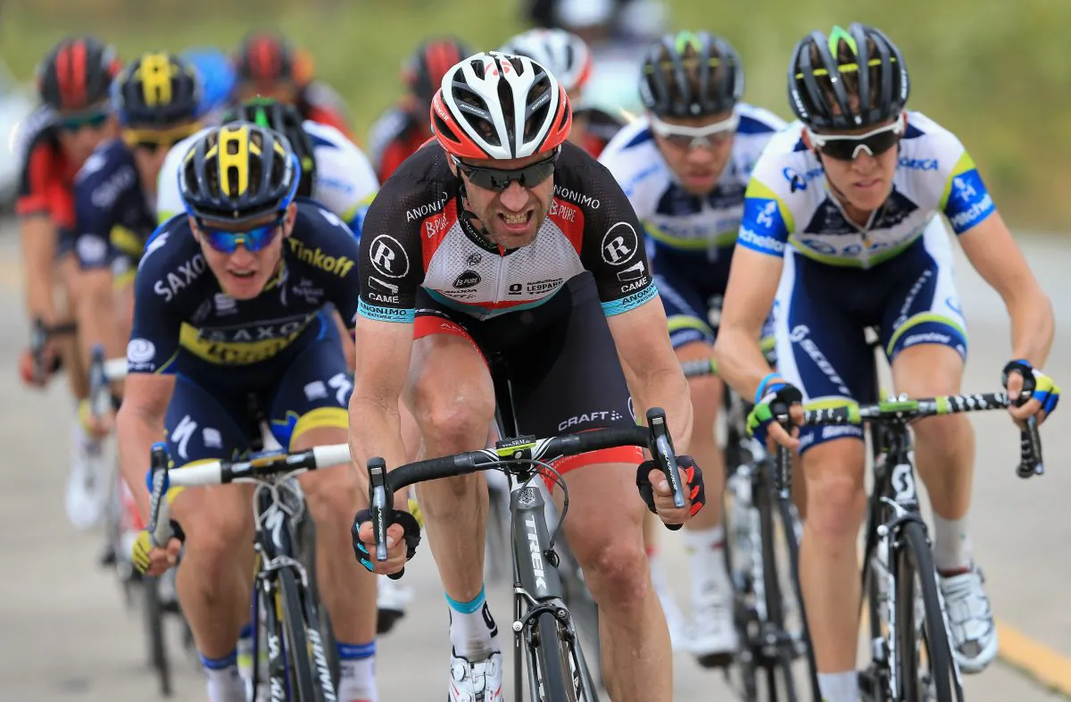 Jens Voigt of Radioshack Leopard Trek works hard at the front of the breakaway just prior to attacking and soloing to victory in Stage Five of the 2013 Amgen Tour of California from Santa Barbara to Avila Beach on May 16, 2013. (Doug Pensinger/Getty Images)