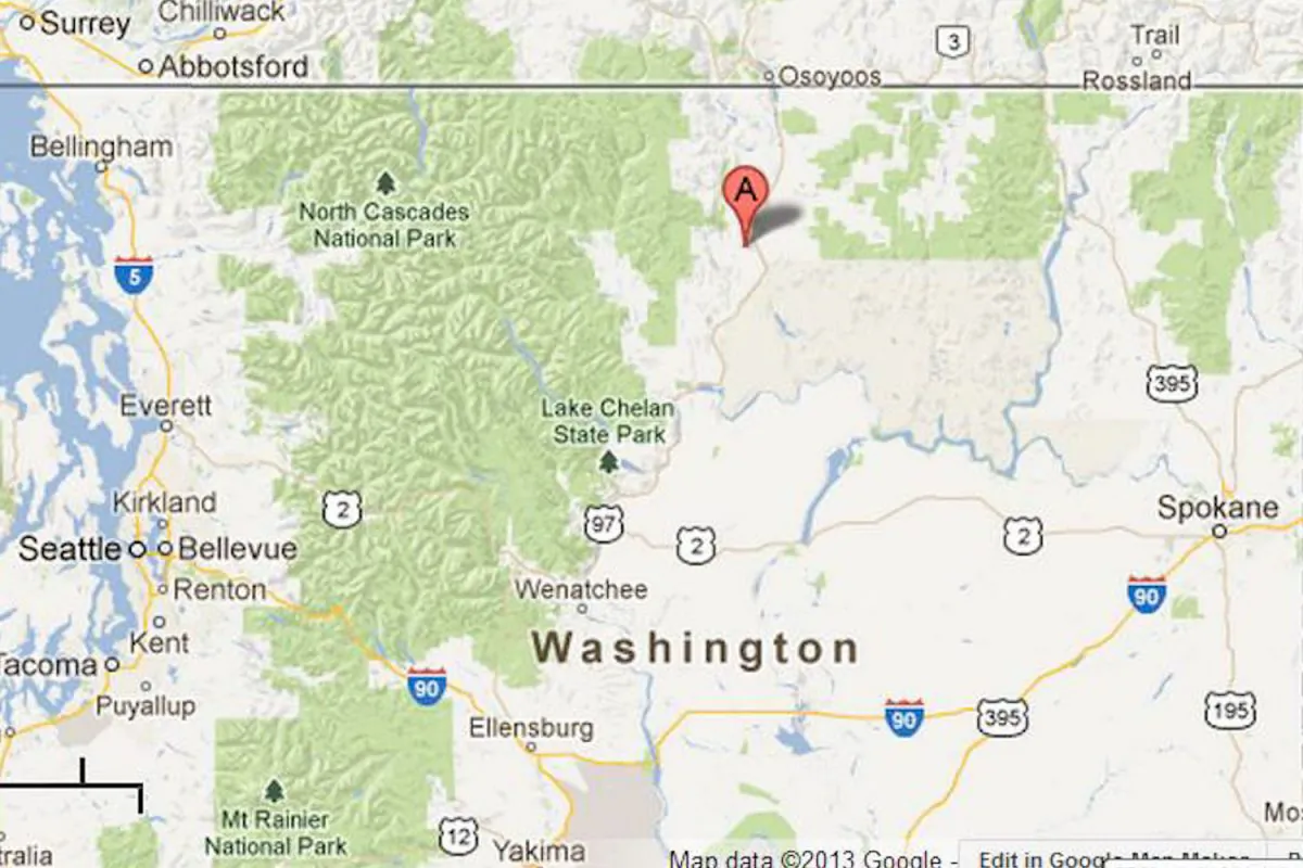 Okanogan River in Washington (A), which the National Weather Service says is at risk of flooding due to snow melt. The Stehekin River, also at risk for flooding, is located in North Cascades National Park just east of the Okanogan River. (Screenshot/Google Maps)
